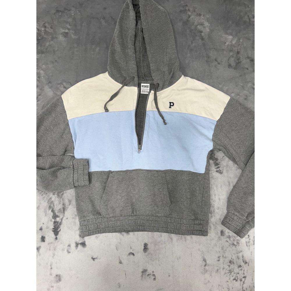Pink Victoria's Secret Colorblock Quarter Zip Hoodie Grey Blue Cream XS